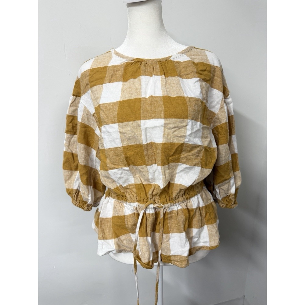 Women's Small Linen Balloon Elbow Sleeve Popover Blouse Who What Wear Khaki